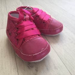 Chaussure souple basket montante bébé 0 à 12 mois, modèle strass Fuchsia  