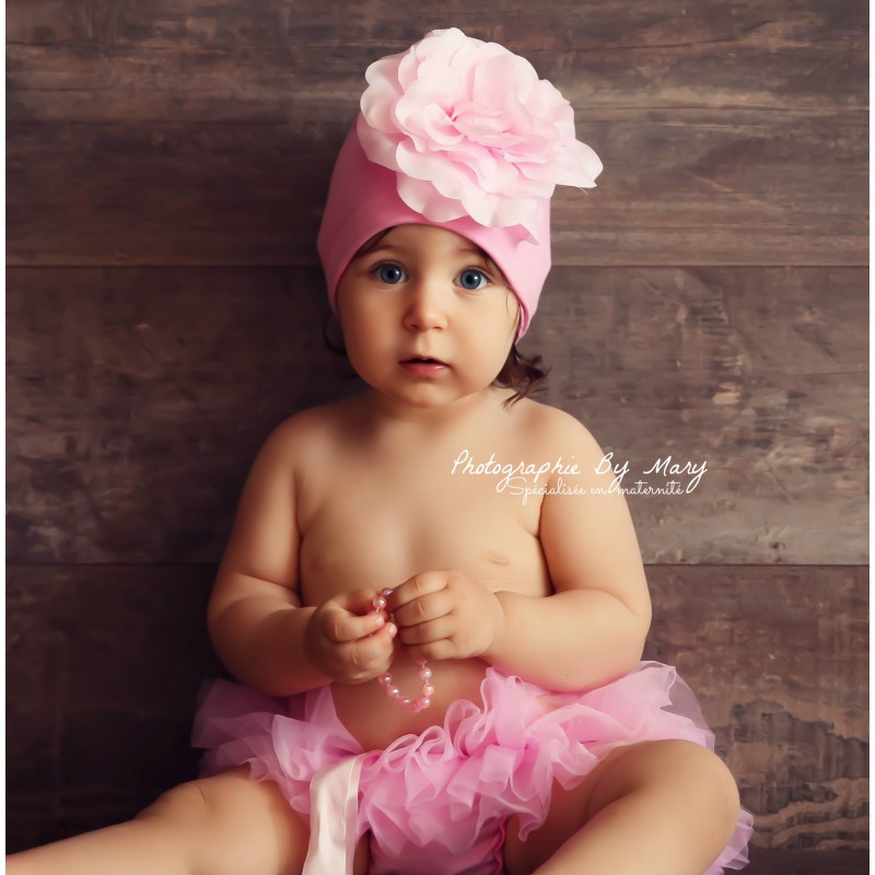 Bonnet fleur bébé/enfant en coton, modèle rose bonbon