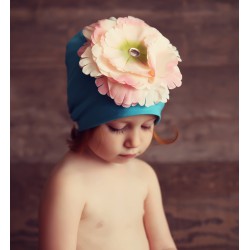 Bonnet fleur bébé/enfant en coton, modèle turquoise et rose