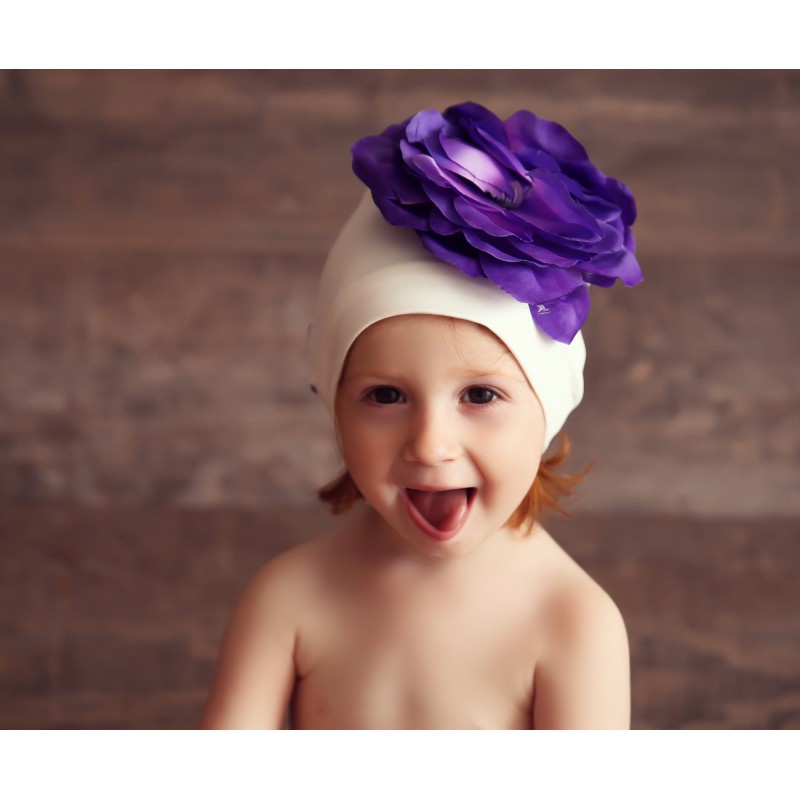 Bonnet fleur bébé/enfant en coton, modèle blanc et violet