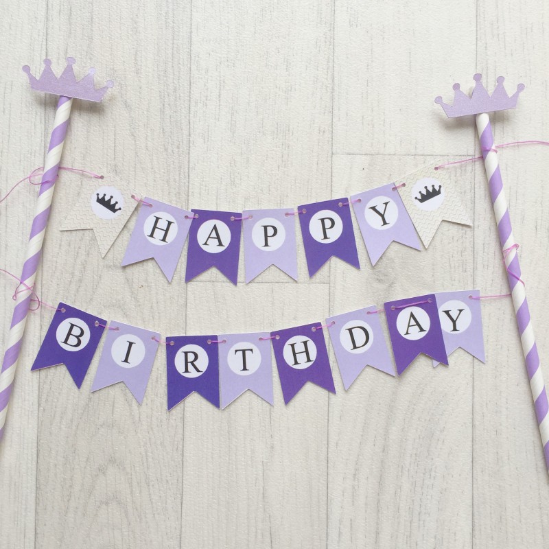 Guirlande double décoration de gâteau Happy Birthday violette