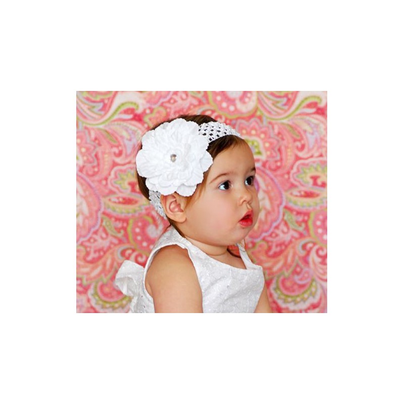 Bandeau+barrette bébé/fille, modèle Pétunia blanc (A)