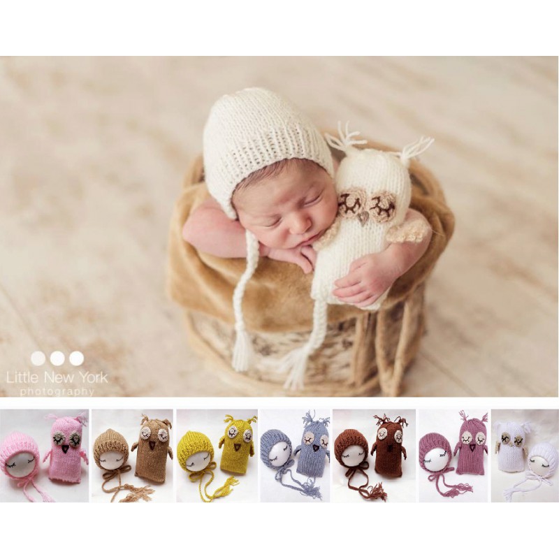 Tenue laine pour séance photo nouveaux nés : modèle doudou chouette + bonnet